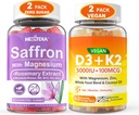 2Pack Saffron Ergänzungen Gummi + 2Pack Vegan Vitamin D3 5000IU K2 Gummi, Ganze Lebensmittelmischung, Kokosöl, Magnesium