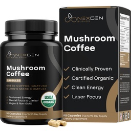 Capsules de café 100% de champignons biologiques - Supplément énergie naturelle avec 130 mg de caféine de café vert breveté cliniquement prouvé et extraits de Guayusa pour l'énergie sans jitter et Focus (90 portions)