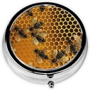 Abeilles sur la ruche Pill Box Metal Round Petite Pill Case Cute 3 Compartiment Pill Organizer Portable Travel Pillbox Mini Pill Container Holder for Daily Medicine Supplement Vitamine