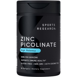 Sportforschung Zink Picolinate 50mg mit Bio Kokosöl | Hochabsorbierbare Zinkergänzung für gesunde Immunfunktion - Non-GMO Verified, Gluten & Soy Free (60 Liquid Softgels)