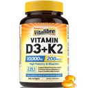 Vitamin D3 K2 Beilage, 10000 IU D3 / 200 mcg K2 MK7, Kalziumabsorption, Knochen, Herz, Immun- und Stimmungsunterstützung, Verbesserte Absorption, keine Soja, leicht zu schlucken, 300 Softgele