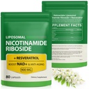 Supplément NAD avec Riboside de Nicotinamide - Resvératrol,Liposomal Nicotinamide Riboside,Quercetin - Supplément NAD haute pureté pour Anti-Age, Focus, Energy 160 Capsules (2 Sac)
