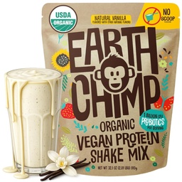 EarthChimp Organic Vegan Protein Powder - mit Probiotics - Non GMO, Dairy Free, Non Whey, Pflanzenbasiertes Proteinpulver für Frauen und Männer, Glutenfrei - 26 Servierungen 32 Oz (Vanilla) No Scoop