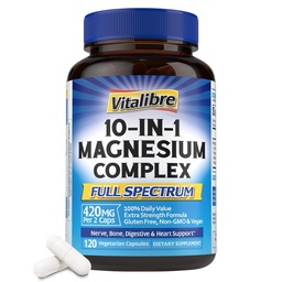 Vitalibre 10 en 1 Magnésium complexe, 420mg Magnésium élémentaire, ultra-résistance, absorption maximale Supplément de magnésium chélaté pour les nerfs, les os et la santé cardiaque