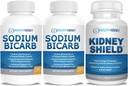 Bicarbonate de sodium 650mg Capsules pour le soulagement de l'acide, Alcalinité 120 Pills 2-Pack + Bouclier rein 120 Caps Supplément rein pour soutenir la fonction normale du rein