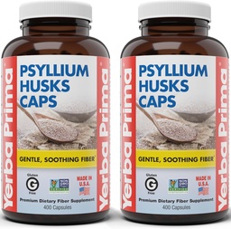 Yerba Prima Psyllium Husks Caps, 625 mg, 400 capsules (paquet de 2) - Fibre naturelle pour hommes et femmes - Supplément de soutien à la régularité