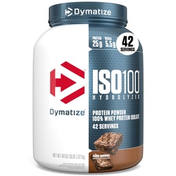 Dymatiser la poudre de protéines de lactosérum ISO100, Fudge Brownie, 25g de protéines, 3 livres, 5,5g BCAA, moins de 120cal, sans gluten, 1g de gras, 1g de sucre, 2g de glucides (42 portions)