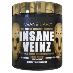 Insane Labz Insane Veinz Gold, Oxyde nitrique Poudre de pré-entraînement non stimulante, chargée d'hydromax, de nitrosigine, augmente la vasculaire et le flux sanguin, 30 Srvgs, punch fruit