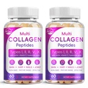 Multi collagène Peptides Softgel - Type I, II, III, V, X - Peptides de collagène hydrolysés avec biotine, vitamine C, acide hyaluronique, soutient les ongles de cheveux de peau, gazon, non-OGM, 60 Softgel, 2 Pack