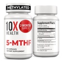 10X Health 5-MTHF Methylfolat - Methyliertes Folat & Magnesium für Gehirn, Herzgesundheit, DNA & Neurotransmitter Synthesis - Bioverfügbare Methyl Folate Supplement - Methylfolate Supplement 60 Kapseln