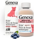 Genexa acétaminophène pour enfants Douleur et fièvre Suspension buvable - 4 oz - Pour les enfants de 2 à 11 ans, soulage temporairement les symptômes de douleur et de fièvre, 160 mg par 5 mL- Arôme de bleuet biologique