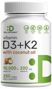 DEAL SUPPLEMENT Vitamin D3 10.000 IU + K2 MK7 200mcg Softgels, 250 Count | 2-in-1 Complex mit Virgin Coconut Oil | Einfach zu schlucken