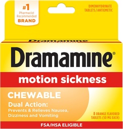 Dramamine Chewable, Motion Sickness Relief, Orange Flavor, 8 Comte