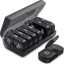 AUVON XL Hebdomadaire Pill Organizer 2 fois par jour, Pill Box 7 jours avec des ouvertures de taille unique pour une utilisation facile, protection de la vie privée noire AM PM Pill Case pour médicaments, vitamines, huiles de poisson, suppléments