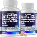 Vitamax Resveratrol NAD+ Berberine Acide Hyaluronique - Biotine Raisin et bleuet + NAC - Collagène Peptides - Supplément cheveux, ongles, peau et articulations - 21-en-1 Femmes et hommes - Fabriqué aux États-Unis - 120 Compte