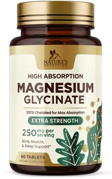 Magnésium (glycinate) - Supplément de magnésium pour la santé cardiaque, le nerf, le muscle, l'os et le sommeil - 100 % Chélaté et absorption élevée - 250 mg par portion - Sans gluten, végétalien, non OGM - 60 Nombre