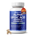 Alpha Liponsäure Hohe Potenz mit Vitamin B1, Vitamin B12, Benfotiamin, Ubiquinol, Schwarzer Pfeffer - Unterstützung Cellular Health - 150 Count - Made & Tested in USA