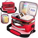 Medicine Bag for Traveling with Portable Small Pouch, Double Layer Pill Bottle Organizer Storage with Insulation Lining, Medication Travel Carrying Case with Shoulder Strap Red (Bag Only)