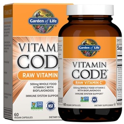 Code Vitamine de jardin de vie Vitamine brute C - 60 Capsules, 500 mg d'aliments entiers Vitamine C Capsules + Mélange de fruits et légumes et probiotiques, suppléments pour adultes, végétalien, sans gluten