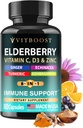 Elderberry Immun Support Supplement 8-in-1 Formel mit Echinacea, Vitamin C & Zink, Vitamin D 5000 IU, Turmeric, Ginger, Ashwagandha – 60 Kapseln