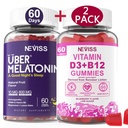 NEVISS Mélatonine + Vitamine D3 & B12 Gommies, végétalien, 2+2=4 Pack