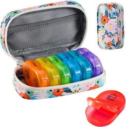 Serfeymi Weekly Pill Organizer 2 fois par jour AM PM Upgraded Rainbow Pill Box 7 Day with Portable Zipper Pill Cas en cuir PU, Organisateur de médecine pour les pilules, les vitamines, les huiles de poisson - Floral 03