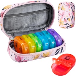 Serfeymi Weekly Pill Organizer 2 fois par jour AM PM Upgraded Rainbow Pill Box 7 Day with Portable Zipper Pill Case en cuir PU, Organisateur de médecine pour les pilules, les vitamines, les huiles de poisson - Rose 03
