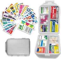 Organisateur de pilules avec étiquettes de médicaments 146 Étiquettes Voyage quotidien Pill Container Mini Organisateur de médicaments Entreposage Pill Organisateur de pilules Voyage Essentiels Pill Case 7 Day (Grey, 1 Pack-Large)