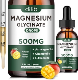 Supplément de Glycinat de magnésium, gouttes liquides de magnésium avec Glycinat de magnésium 500mg Ashwagandha, L - Theanine, Camomille -Support anti-stress, os, Muscle, Mood Vegan Natural Mango Flavor