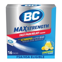 BC MAX Strength Poudre de soulagement rapide de la douleur, Aspirine Lémonade Aromatisée 500mg et Acétaminophène 500mg Dissolve Packs, 16 Nombre