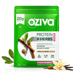 OZIVA Protéines et herbes pour les femmes 1,1 Lb (500 gm) avec multivitamines, Curcumine, Shatavari, Tulsi pour le métabolisme amélioré, l'équilibre hormonal et la peau, la santé des cheveux, l'amande de vanille (1,1 lb)