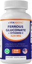 Gluconate de fer Vitamatique 324 mg + Vitamine C 100 mg - Pas d'additifs de couleur artificielle - Douce sur l'estomac - 250 comprimés enduits - Fabriqués aux États-Unis