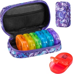 Serfeymi Weekly Travel Pill Organizer 2 fois par jour AM PM Upgraded Rainbow Pill Box 7 Day with Portable Zipper Toile Pill Case, Organisateur de médecine pour les pilules, les vitamines, les huiles de poisson - Purple 01