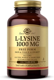 Solgar L-Lysine 1000 mg, 100 comprimés - Absorption et assimilation accrues - Promotion de l'intégrité de la peau et des lèvres - Soutien au collagène - Acides aminés - Non OGM, végétalien, sans gluten - 100 portions