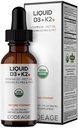 Codeage Vitamines liquides D3+K2 USDA Biologique - Vitamine D3 2000 UI, Vitamine K2 (MK4 et MK7) Gouttes liquides - Immunissance - Non aromatisée - MCT organique Huile - Non-OGM - 1 fl oz