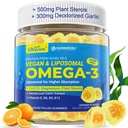 Vegan Omega-3 Gommies 1000mg +CoQ10+Magnésium- EPA 600mg & DHA 400mg, Huile de poisson Omega 3 Suppléments Alternative pour les femmes Hommes Adultes- Forme liposomique -Algae- Stérols végétaux, Ail, B6, B9, B12, Sans sucre
