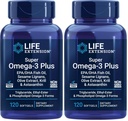 Prolongation de vie Super Omega-3 Plus EPA/DHA Huile de poisson, sésame Lignans, extrait d'olive, krill et astaxanthine - Soutien de santé cardiaque, cérébrale et articulaire - sans gluten, sans OGM - 120 softgels, (paquet de 2)