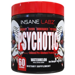 Insane Labz Psychotique, Poudre de pré-entraînement stimulante, Énergie latente extrême, Focus et Endurance avec Beta Alanine, Créatine Monohydrate, DMAE, 60 Srvgs, Pastèque