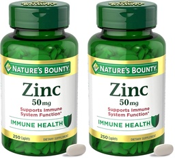 NatureS Bounty Zinc 50mg,Immune Support et Supplément Antioxydant,Promotion de la santé de la peau,1 Caplet par jour,Sans gluten,250 Caplets végétariens,(Pack de 2)