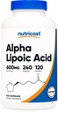 Acide alpha lipoïque Nutricost 600mg par portion, 240 Capsules - Sans gluten, Capsules végétariennes, Sans soja et sans OGM