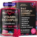 Gommies de complexe de vitamine B pour les femmes et les hommes - Vitamine B12, B1, B2, B3, B5, B6, B7 et B9 - B Complexe avec vitamine C et choline - Énergie, cerveau et humeur - Fleur de baie naturelle, végétalien - 60 Gommies pendant 2 mois