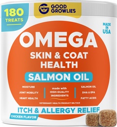 Omega 3 Huile de poisson pour chiens (180 Ct) - Peau et manteau Chews - Sec & Itchy Skin Relief + Allergy Support - Shiny Coats - EPA&DHA Acides gras - Huile de saumon naturel Chews favorise le soutien du coeur, de la hanche et des articulations