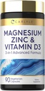 Carlyle Magnésium Zinc et vitamine D3.90 Capsules 3-en-1 Formule avancée.