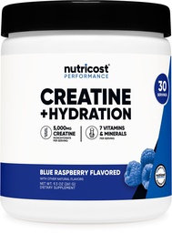 Nutricost Créatine Monohydrate + Hydratation Bleu Aromatisé aux framboises (30 portions) - 7 vitamines et minéraux, 5000mg de créatine par portion