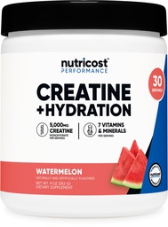 Nutricost Créatine monohydratée + hydratation Aromate de pastèque (30 portions) - 7 vitamines et minéraux, 5000mg de créatine par portion