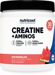 Nutricost Créatine + Aminos 30 portions (arôme de pastèque) - 5 000 mg Monohydrate de créatine + 5000 mg Amino BCAA Blend par portion