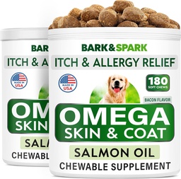 BARK&SPARK Omega 3 für Hunde - 360 Fish Oil Treats for Dog Shedding, Skin Allergy, Itch Relief, Hot Spots Behandlung - Joint Health - Skin and Coat Supplement - EPA & DHA Fettsäuren - Lachsöl - Bake