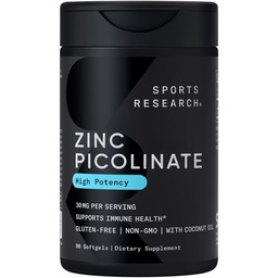 Sportforschung High Potency Zinc Picolinate 30mg mit Bio Kokosöl | Sehr saugfähige Zinkergänzung für gesunde Immun- und Enzymfunktion - Non-GMO Tested & Gluten-Free (90 Liquid Softgels)