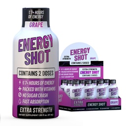 Grape Extra Strength Energy Shot 12 pk – 260mg Caféine naturelle B12 B6 – Energy & Focus Support – 2 portions Sans sucre Zéro calories Thé vert B-Vitamines Electrolytes Vegan – 1,93 fl oz