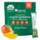 Zena Nutrition Bio Super Greens Poudre, 70+ Superfoods, 0 Sucre, Fibre 3G, Spiruline, Chlorella, Champignons, Prébiotiques/Probiotiques, Enzymes digestifs pour la santé des Guts, Mangue, 30 Boissons Mélange de Packets